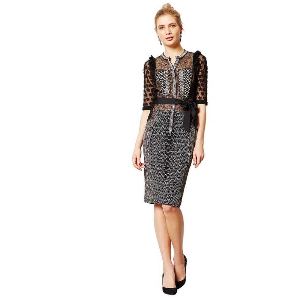 Women's Black and White Lace-Detail Midi Dress